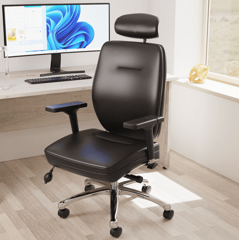 Domino High Back Black Posture Chair - Bonded Leather & Fabric, Adjustable Arms & Headrest, Chrome Frame, 145kg Capacity, 24hr Use (Flat Packed)