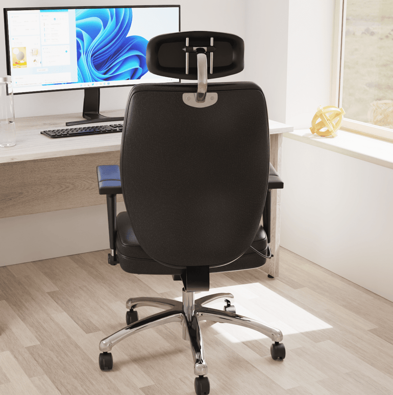 Domino High Back Black Posture Chair - Bonded Leather & Fabric, Adjustable Arms & Headrest, Chrome Frame, 145kg Capacity, 24hr Use (Flat Packed)