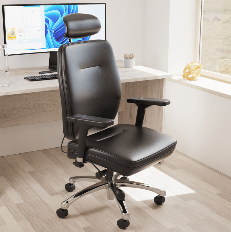 Domino High Back Black Posture Chair - Bonded Leather & Fabric, Adjustable Arms & Headrest, Chrome Frame, 145kg Capacity, 24hr Use (Flat Packed)