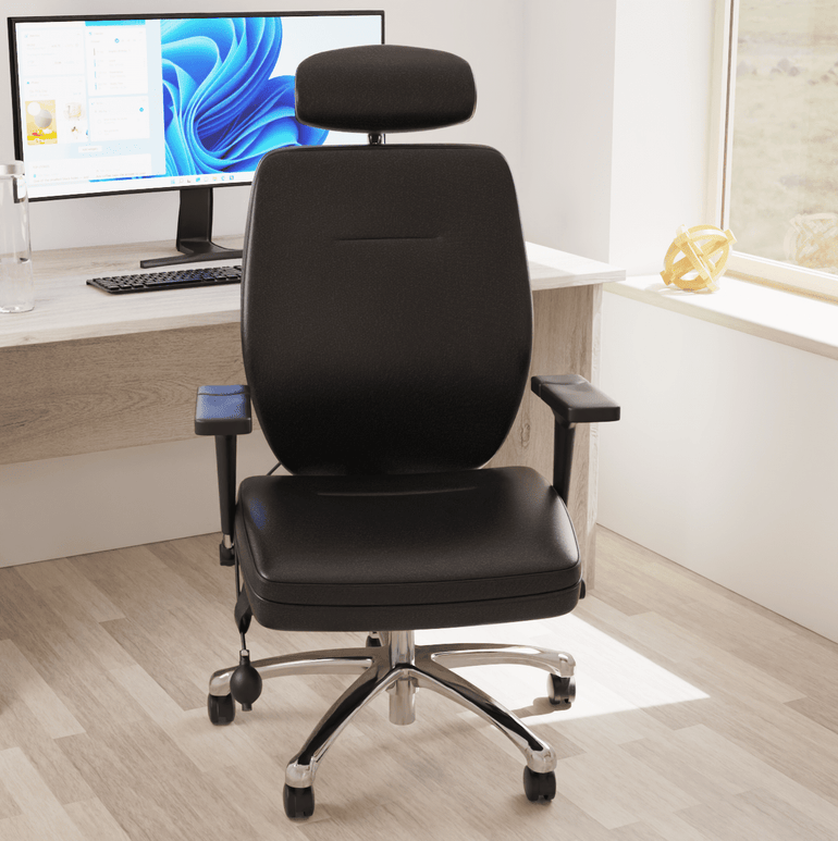 Domino High Back Black Posture Chair - Bonded Leather & Fabric, Adjustable Arms & Headrest, Chrome Frame, 145kg Capacity, 24hr Use (Flat Packed)