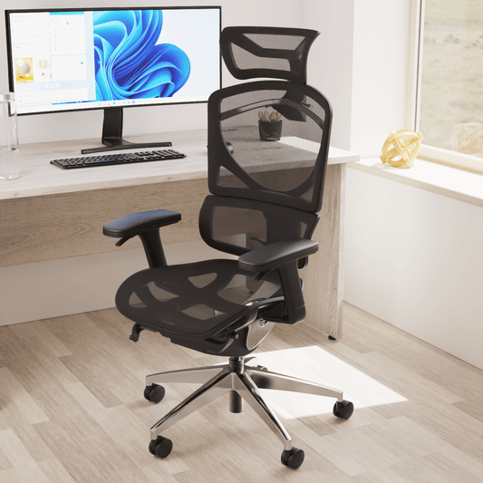 Ergo Click Plus High Back Ergonomic Office Chair - FabriMesh, Adjustable Arms & Headrest, Chrome Frame, 135kg Capacity, 24hr Use (Flat Packed)