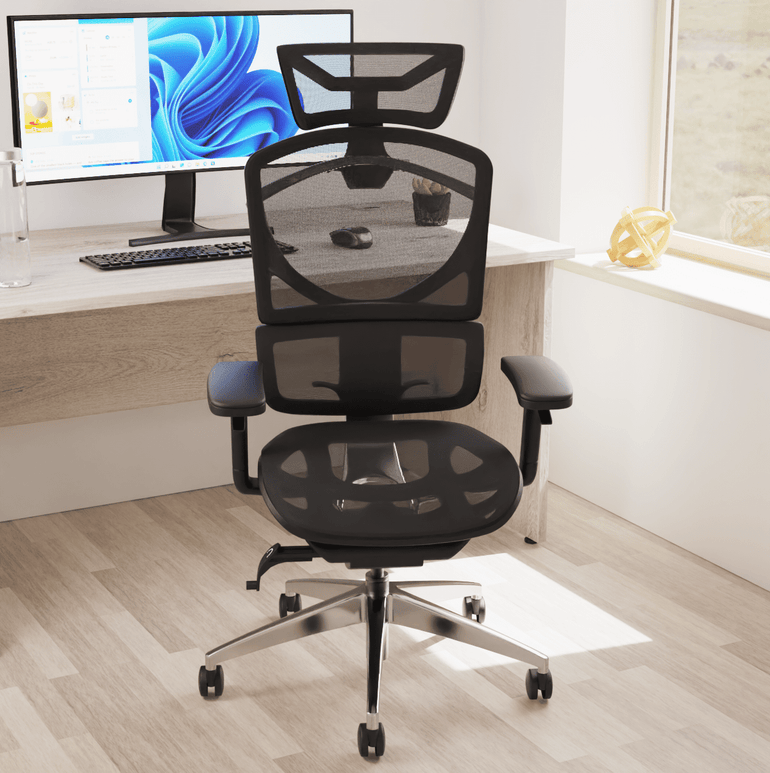 Ergo Click Plus High Back Ergonomic Office Chair - FabriMesh, Adjustable Arms & Headrest, Chrome Frame, 135kg Capacity, 24hr Use (Flat Packed)