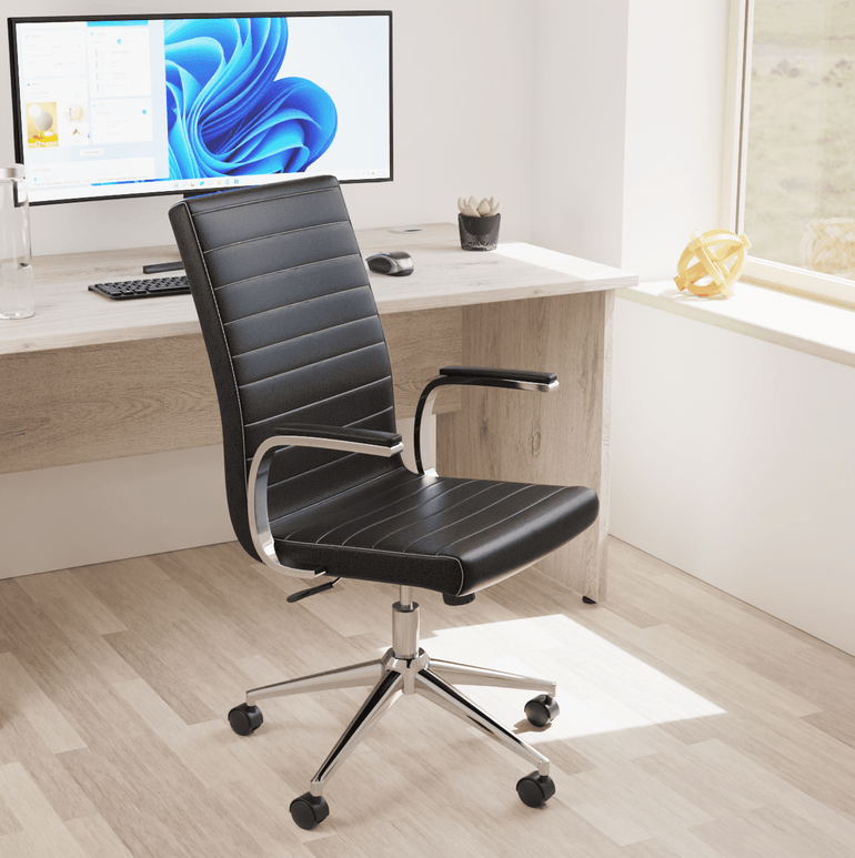 Ezra Medium Back Leather Executive Office Chair - Chrome Frame, Adjustable Arms, 110kg Capacity, 8hr Usage, 2Yr Warranty - Flat Packed