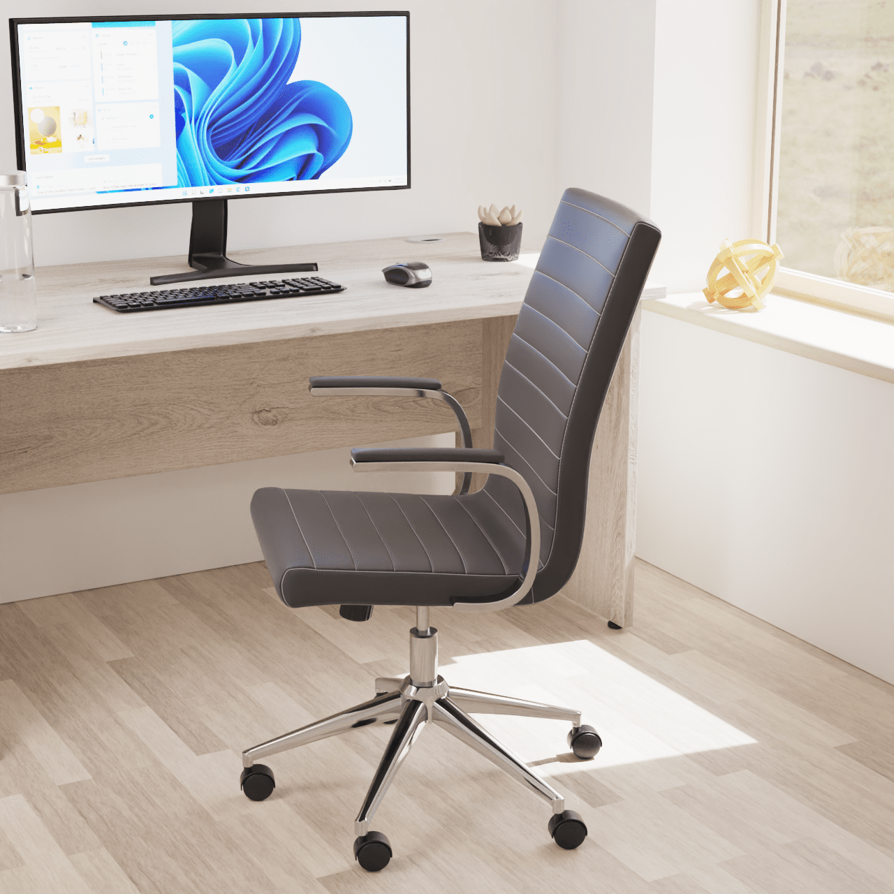 Ezra Medium Back Leather Executive Office Chair - Chrome Frame, Adjustable Arms, 110kg Capacity, 8hr Usage, 2Yr Warranty - Flat Packed