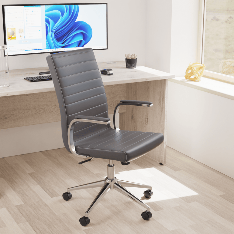 Ezra Medium Back Leather Executive Office Chair - Chrome Frame, Adjustable Arms, 110kg Capacity, 8hr Usage, 2Yr Warranty - Flat Packed
