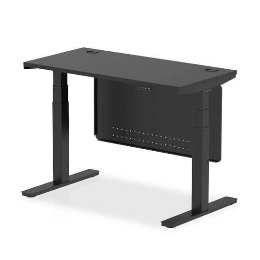 Air Black Series Height Adjustable Desk, 1200–1800mm Width, Black Top, Black/White/Silver Frame, Cable Ports, Steel Modesty Panel, 5 Year Warranty, Self-Assembly