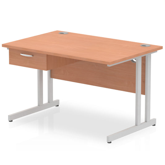 Impulse Cantilever Straight Office Desk with Silver Frame & 1-Drawer Fixed Pedestal, 1200–1800mm Width, Multiple Colours, Durable MFC, Self-Assembly, 10 Year Warranty