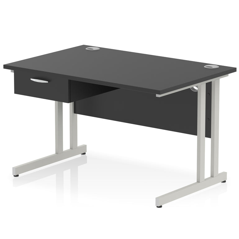 Impulse Cantilever Straight Office Desk with Silver Frame & 1-Drawer Fixed Pedestal, 1200–1800mm Width, Multiple Colours, Durable MFC, Self-Assembly, 10 Year Warranty