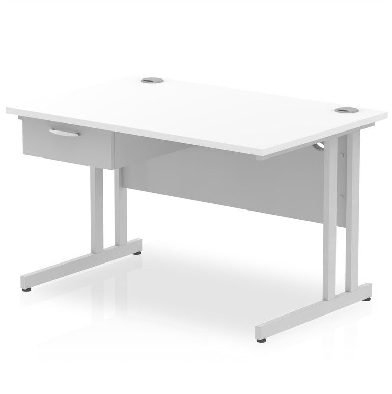 Impulse Cantilever Straight Office Desk with Silver Frame & 1-Drawer Fixed Pedestal, 1200–1800mm Width, Multiple Colours, Durable MFC, Self-Assembly, 10 Year Warranty