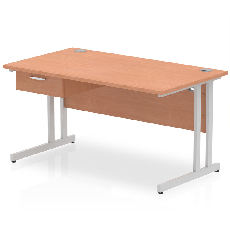 Impulse Cantilever Straight Office Desk with Silver Frame & 1-Drawer Fixed Pedestal, 1200–1800mm Width, Multiple Colours, Durable MFC, Self-Assembly, 10 Year Warranty