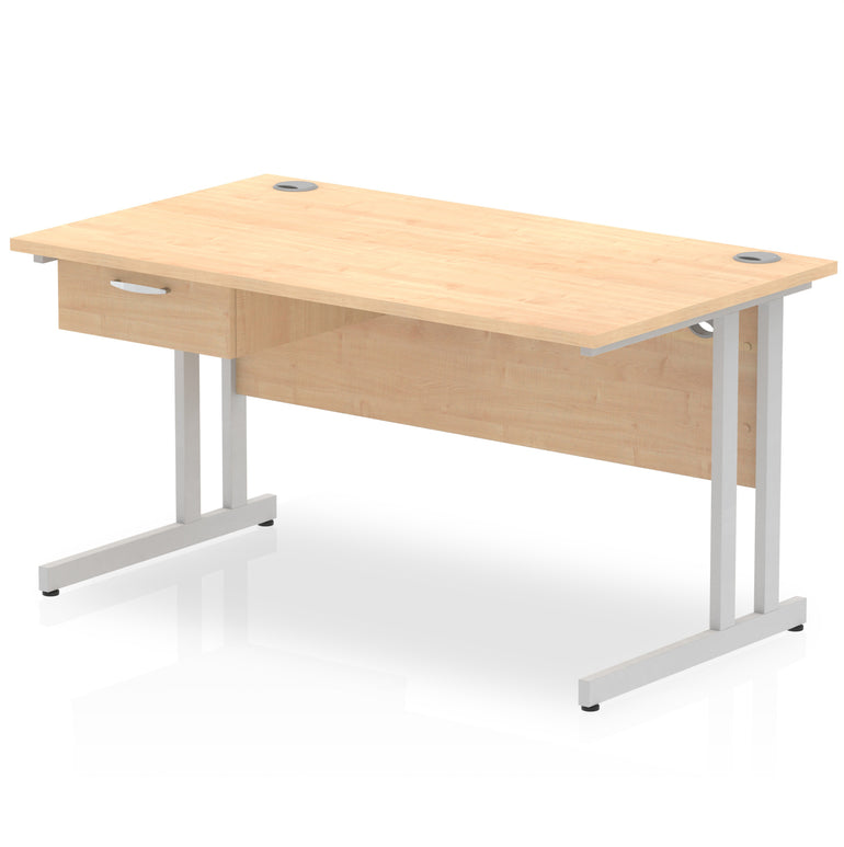 Impulse Cantilever Straight Office Desk with Silver Frame & 1-Drawer Fixed Pedestal, 1200–1800mm Width, Multiple Colours, Durable MFC, Self-Assembly, 10 Year Warranty