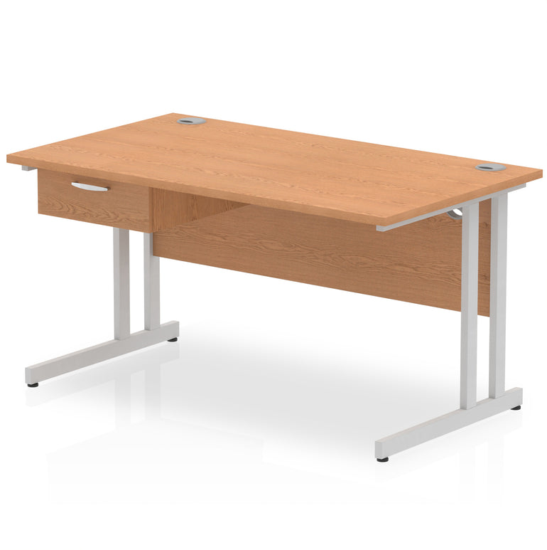 Impulse Cantilever Straight Office Desk with Silver Frame & 1-Drawer Fixed Pedestal, 1200–1800mm Width, Multiple Colours, Durable MFC, Self-Assembly, 10 Year Warranty
