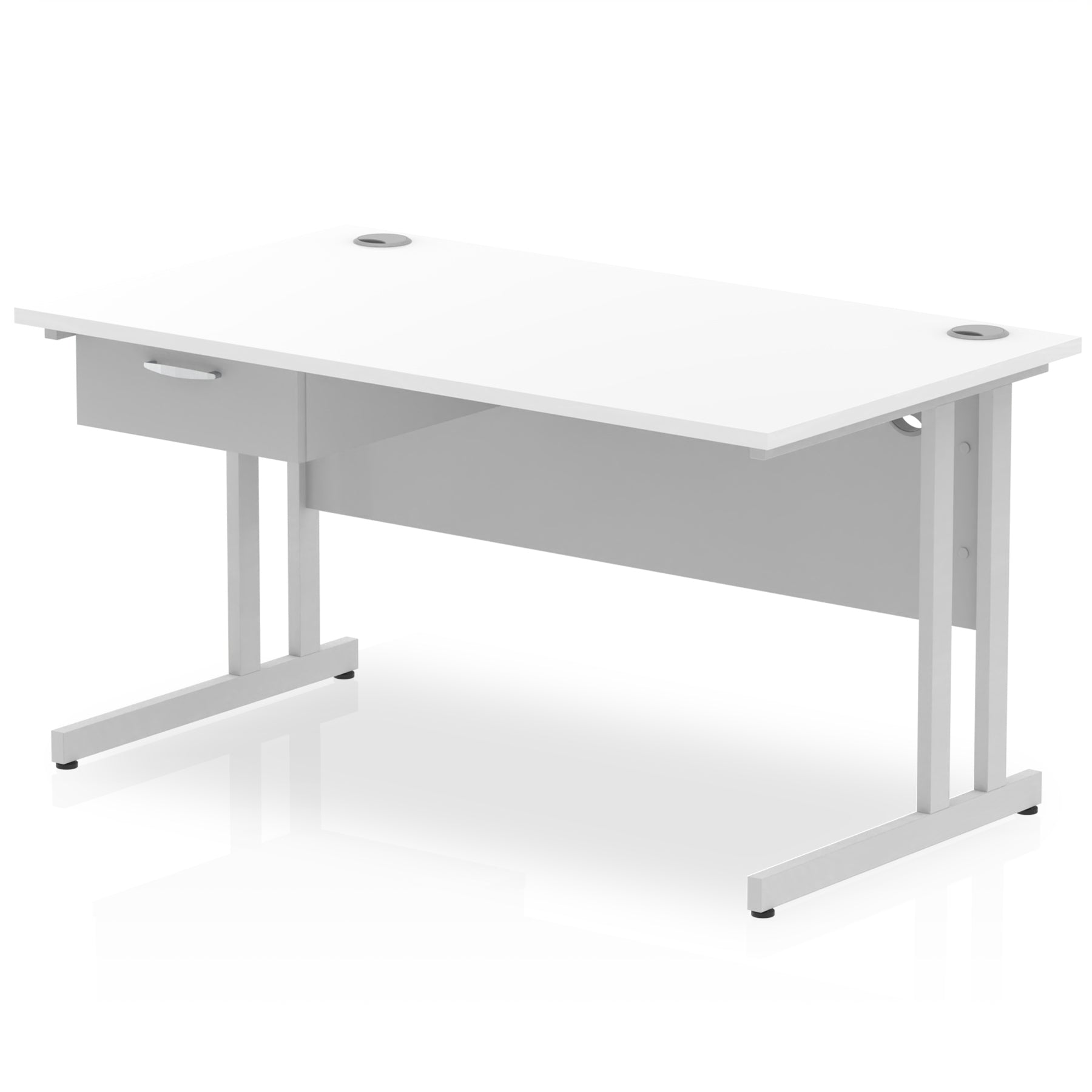 Impulse Cantilever Straight Office Desk with Silver Frame & 1-Drawer Fixed Pedestal, 1200–1800mm Width, Multiple Colours, Durable MFC, Self-Assembly, 10 Year Warranty