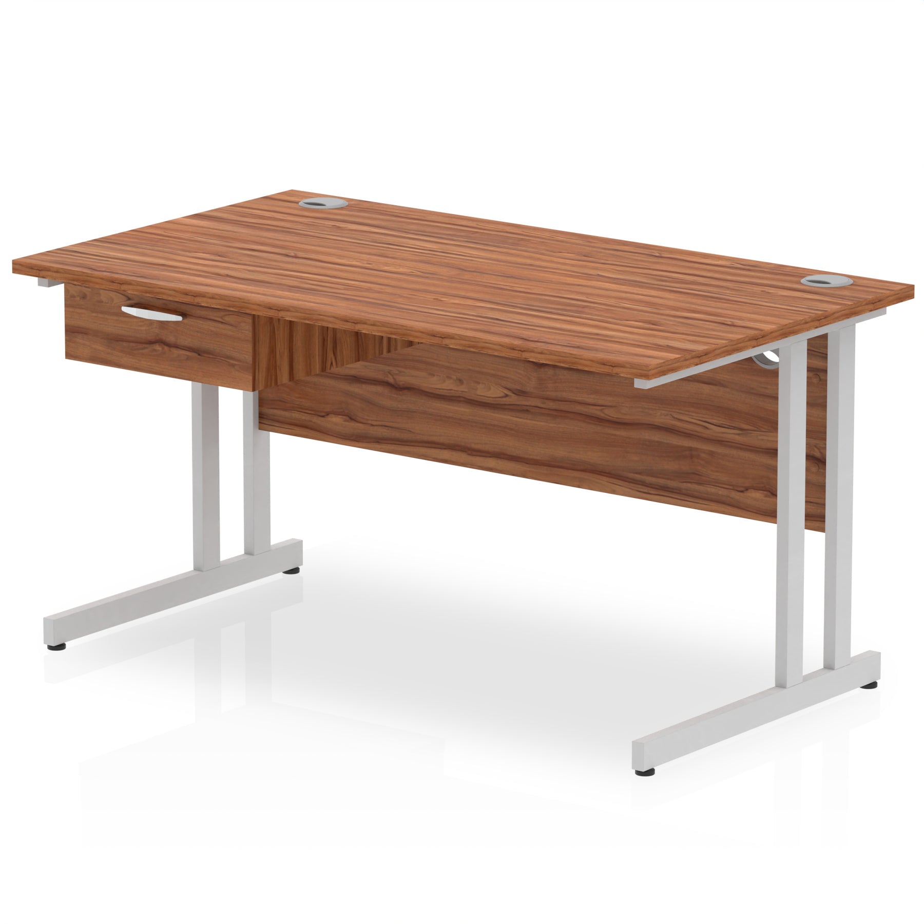Impulse Cantilever Straight Office Desk with Silver Frame & 1-Drawer Fixed Pedestal, 1200–1800mm Width, Multiple Colours, Durable MFC, Self-Assembly, 10 Year Warranty