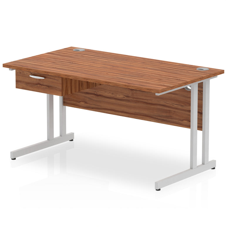 Impulse Cantilever Straight Office Desk with Silver Frame & 1-Drawer Fixed Pedestal, 1200–1800mm Width, Multiple Colours, Durable MFC, Self-Assembly, 10 Year Warranty