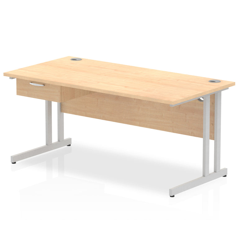 Impulse Cantilever Straight Office Desk with Silver Frame & 1-Drawer Fixed Pedestal, 1200–1800mm Width, Multiple Colours, Durable MFC, Self-Assembly, 10 Year Warranty