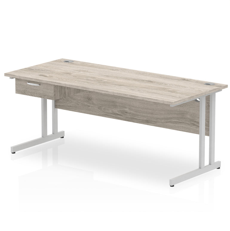 Impulse Cantilever Straight Office Desk with Silver Frame & 1-Drawer Fixed Pedestal, 1200–1800mm Width, Multiple Colours, Durable MFC, Self-Assembly, 10 Year Warranty