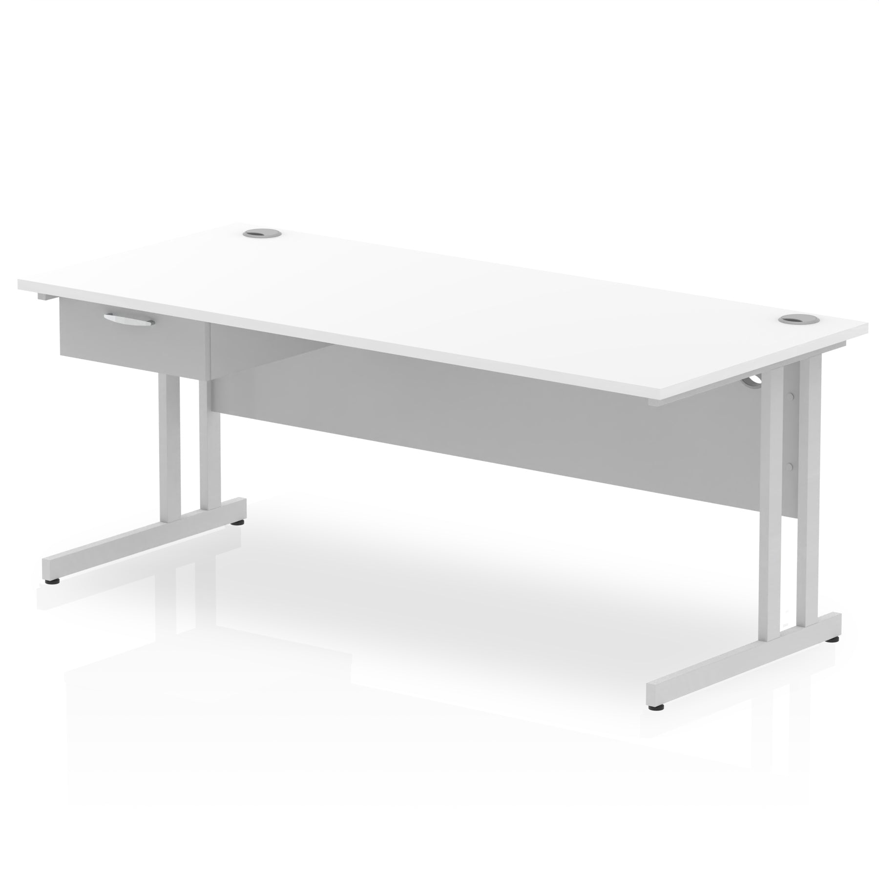 Impulse Cantilever Straight Office Desk with Silver Frame & 1-Drawer Fixed Pedestal, 1200–1800mm Width, Multiple Colours, Durable MFC, Self-Assembly, 10 Year Warranty