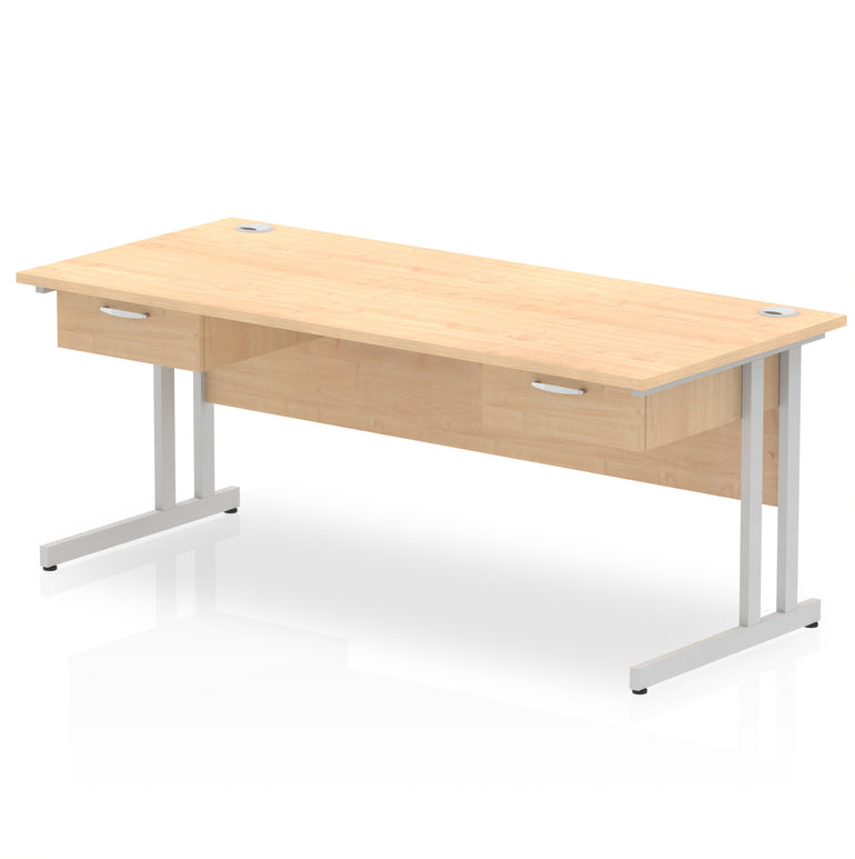 Impulse Cantilever Straight Desk with Silver Frame, Two 1-Drawer Fixed Pedestals, 1600–1800mm Width, Various Colours, Durable MFC, Self Assembly, 10 Year Warranty