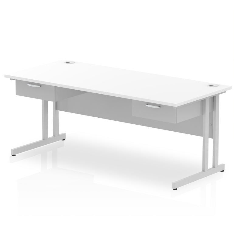 Impulse Cantilever Straight Desk with Silver Frame, Two 1-Drawer Fixed Pedestals, 1600–1800mm Width, Various Colours, Durable MFC, Self Assembly, 10 Year Warranty