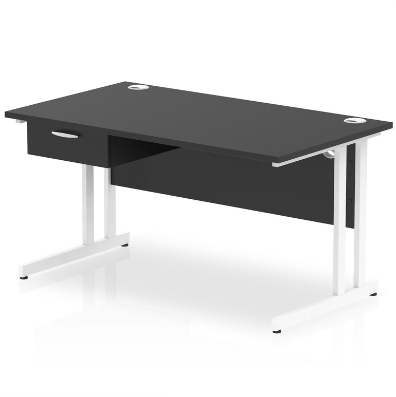 Impulse Cantilever Straight Desk with White Frame & Single Drawer Pedestal, Multiple Finishes, 1200–1800mm Width, MFC, Self-Assembly, 10 Year Warranty