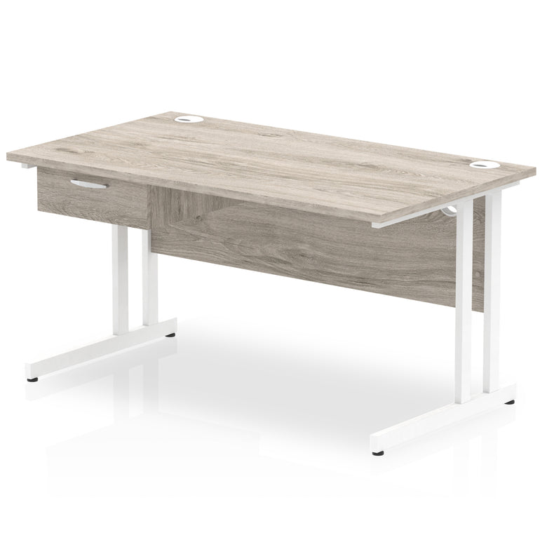 Impulse Cantilever Straight Desk with White Frame & Single Drawer Pedestal, Multiple Finishes, 1200–1800mm Width, MFC, Self-Assembly, 10 Year Warranty