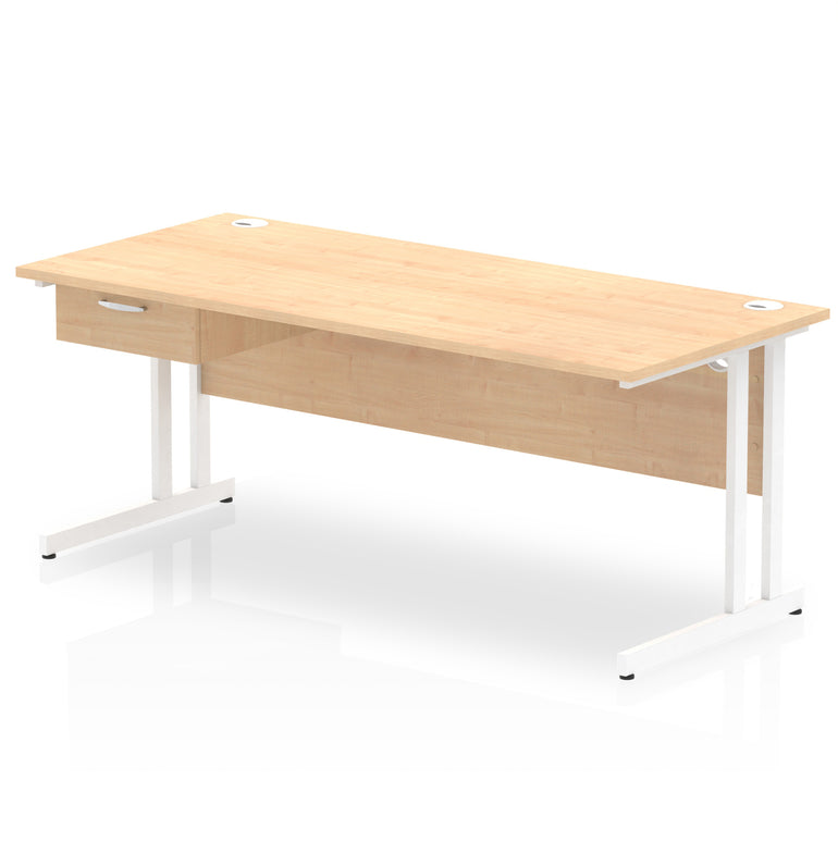 Impulse Cantilever Straight Desk with White Frame & Single Drawer Pedestal, Multiple Finishes, 1200–1800mm Width, MFC, Self-Assembly, 10 Year Warranty