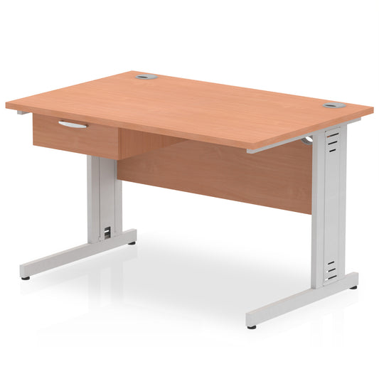 Impulse Cable Managed Straight Office Desk with Silver Frame & 1-Drawer Fixed Pedestal, Multiple Widths & Colours, MFC, Self-Assembly, 10 Year Warranty