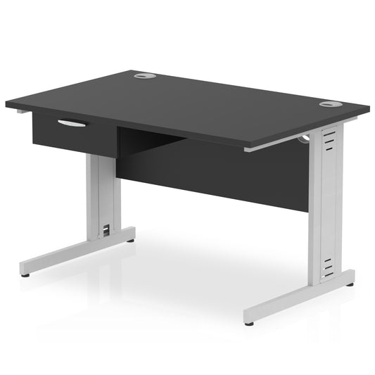 Impulse Cable Managed Straight Office Desk with Silver Frame & 1-Drawer Fixed Pedestal, Multiple Widths & Colours, MFC, Self-Assembly, 10 Year Warranty