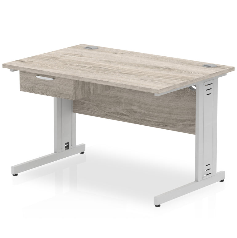 Impulse Cable Managed Straight Office Desk with Silver Frame & 1-Drawer Fixed Pedestal, Multiple Widths & Colours, MFC, Self-Assembly, 10 Year Warranty