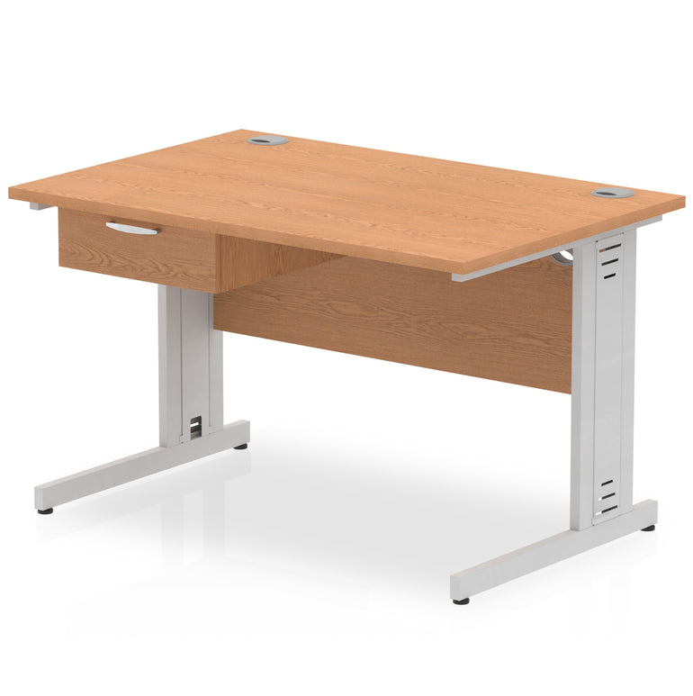 Impulse Cable Managed Straight Office Desk with Silver Frame & 1-Drawer Fixed Pedestal, Multiple Widths & Colours, MFC, Self-Assembly, 10 Year Warranty