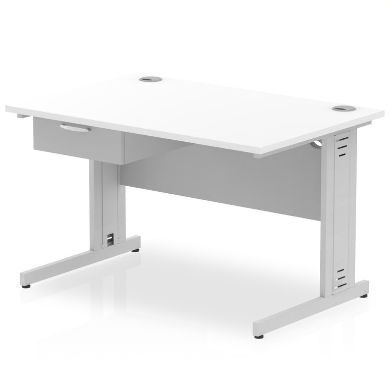 Impulse Cable Managed Straight Office Desk with Silver Frame & 1-Drawer Fixed Pedestal, Multiple Widths & Colours, MFC, Self-Assembly, 10 Year Warranty
