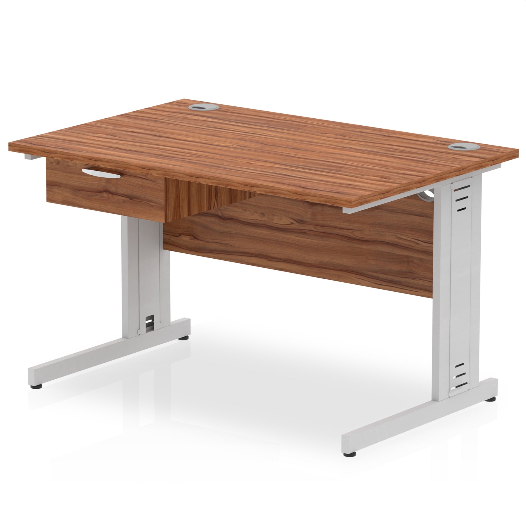 Impulse Cable Managed Straight Office Desk with Silver Frame & 1-Drawer Fixed Pedestal, Multiple Widths & Colours, MFC, Self-Assembly, 10 Year Warranty