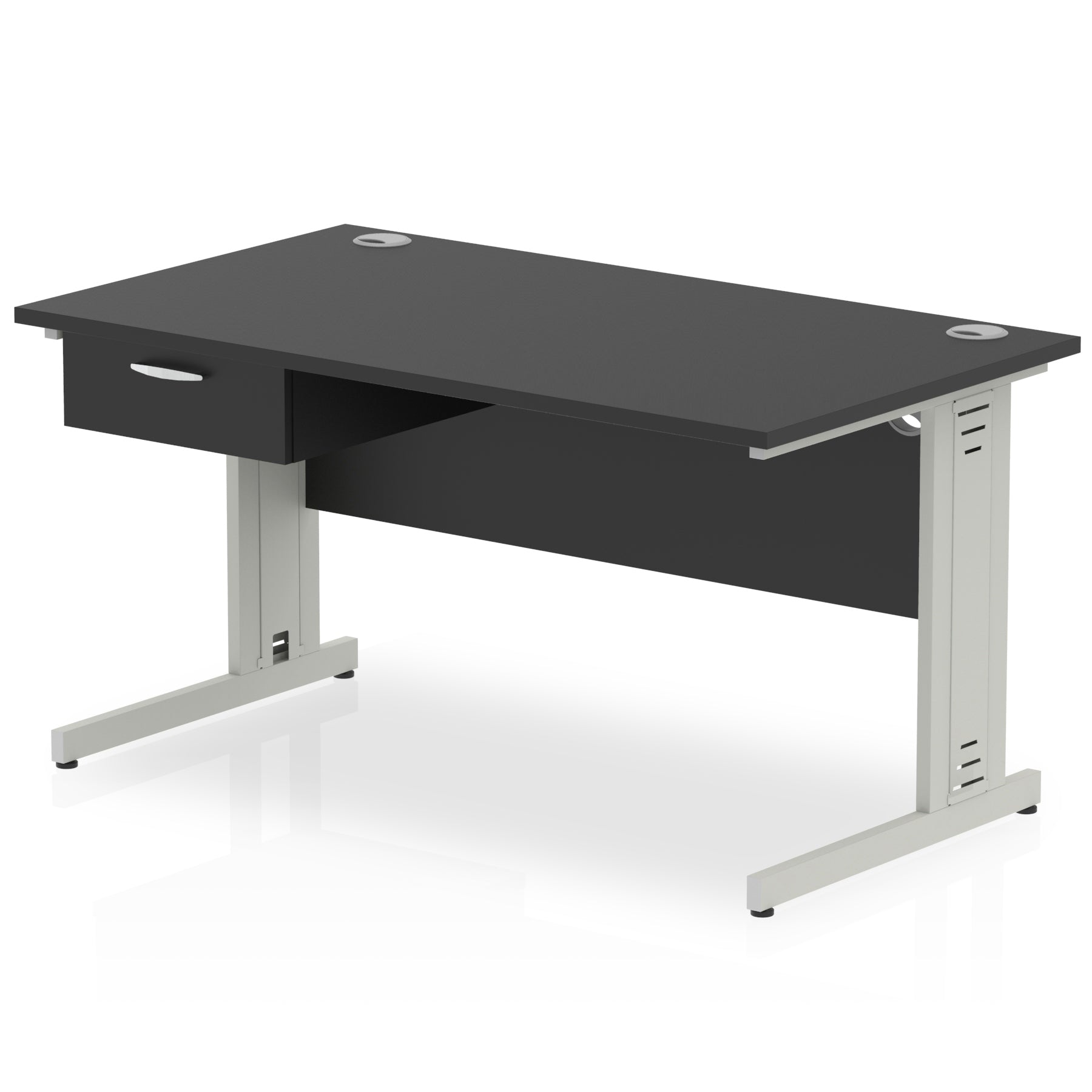 Impulse Cable Managed Straight Office Desk with Silver Frame & 1-Drawer Fixed Pedestal, Multiple Widths & Colours, MFC, Self-Assembly, 10 Year Warranty