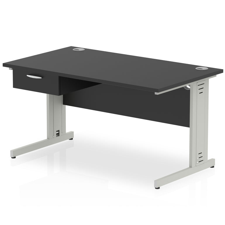 Impulse Cable Managed Straight Office Desk with Silver Frame & 1-Drawer Fixed Pedestal, Multiple Widths & Colours, MFC, Self-Assembly, 10 Year Warranty