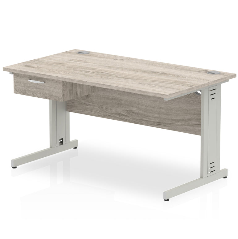Impulse Cable Managed Straight Office Desk with Silver Frame & 1-Drawer Fixed Pedestal, Multiple Widths & Colours, MFC, Self-Assembly, 10 Year Warranty