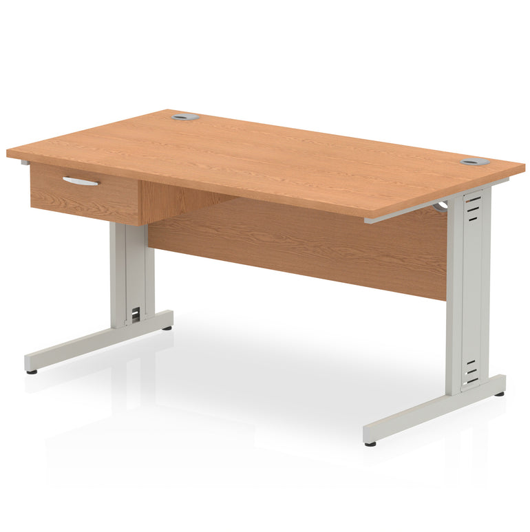 Impulse Cable Managed Straight Office Desk with Silver Frame & 1-Drawer Fixed Pedestal, Multiple Widths & Colours, MFC, Self-Assembly, 10 Year Warranty