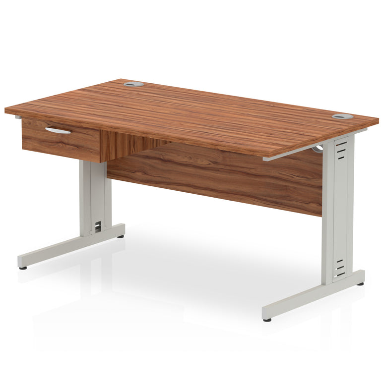 Impulse Cable Managed Straight Office Desk with Silver Frame & 1-Drawer Fixed Pedestal, Multiple Widths & Colours, MFC, Self-Assembly, 10 Year Warranty