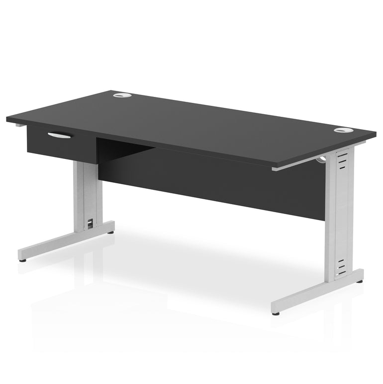 Impulse Cable Managed Straight Office Desk with Silver Frame & 1-Drawer Fixed Pedestal, Multiple Widths & Colours, MFC, Self-Assembly, 10 Year Warranty