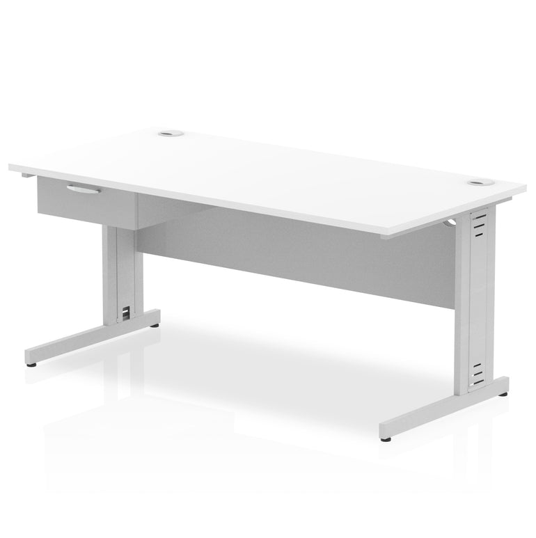 Impulse Cable Managed Straight Office Desk with Silver Frame & 1-Drawer Fixed Pedestal, Multiple Widths & Colours, MFC, Self-Assembly, 10 Year Warranty