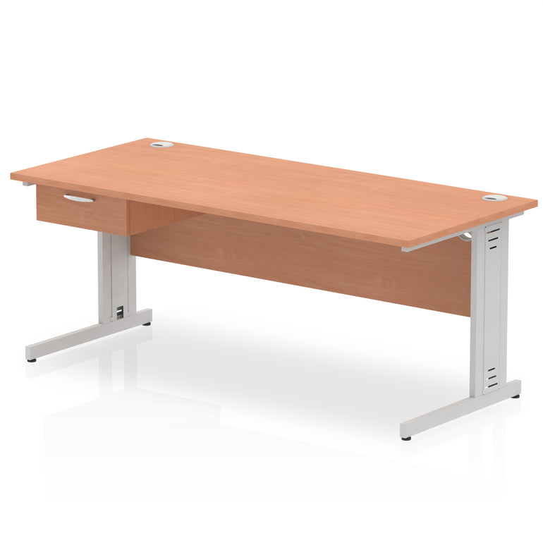 Impulse Cable Managed Straight Office Desk with Silver Frame & 1-Drawer Fixed Pedestal, Multiple Widths & Colours, MFC, Self-Assembly, 10 Year Warranty