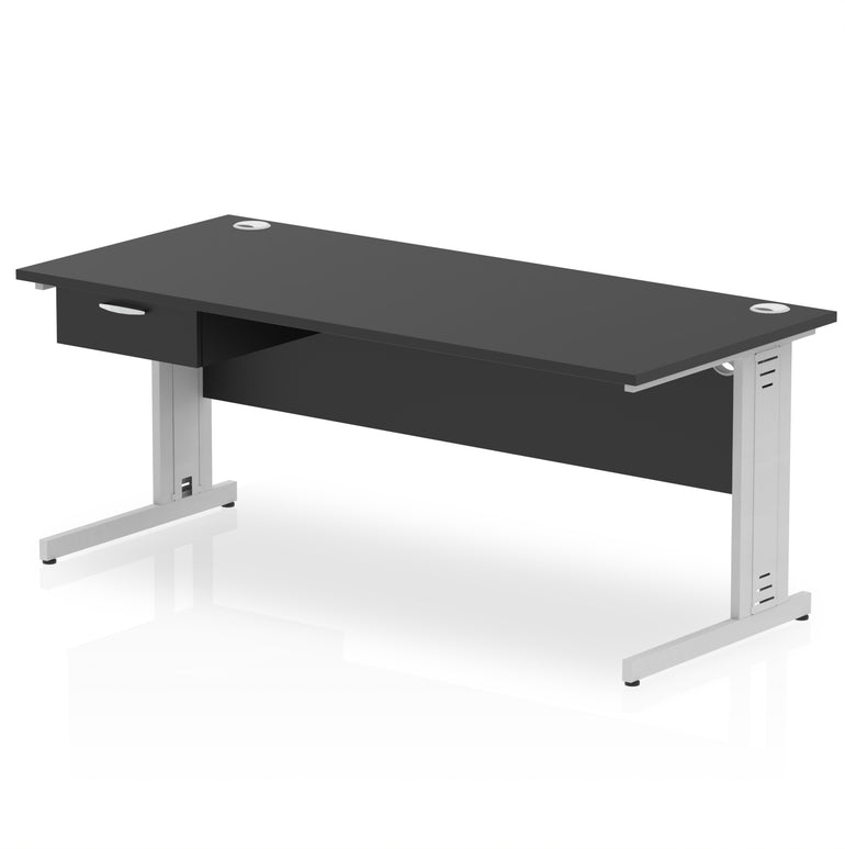 Impulse Cable Managed Straight Office Desk with Silver Frame & 1-Drawer Fixed Pedestal, Multiple Widths & Colours, MFC, Self-Assembly, 10 Year Warranty