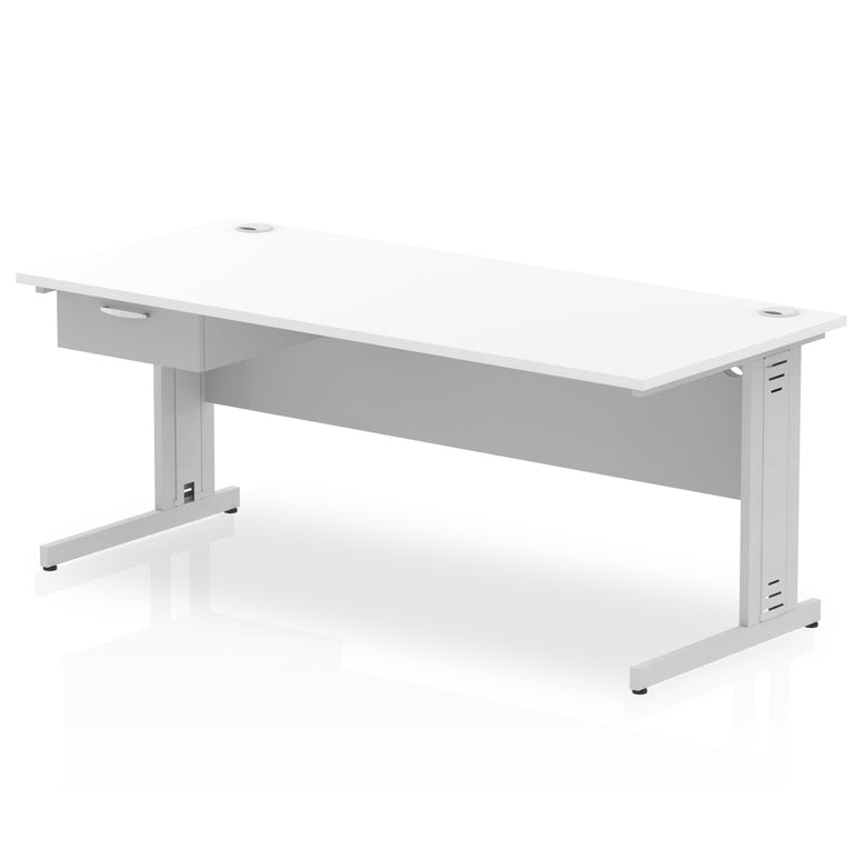 Impulse Cable Managed Straight Office Desk with Silver Frame & 1-Drawer Fixed Pedestal, Multiple Widths & Colours, MFC, Self-Assembly, 10 Year Warranty