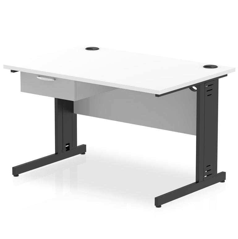 Impulse Cable Managed Office Desk with 1-Drawer Fixed Pedestal, Black Frame, Multiple Finishes, 1200–1800mm Widths, MFC, Self-Assembly, 10 Year Warranty