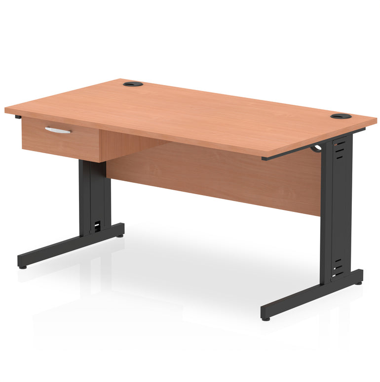 Impulse Cable Managed Office Desk with 1-Drawer Fixed Pedestal, Black Frame, Multiple Finishes, 1200–1800mm Widths, MFC, Self-Assembly, 10 Year Warranty