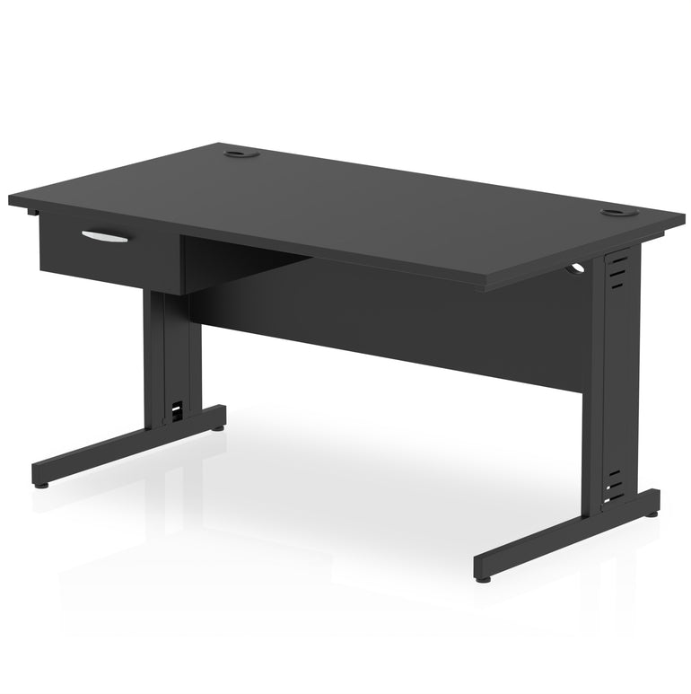 Impulse Cable Managed Office Desk with 1-Drawer Fixed Pedestal, Black Frame, Multiple Finishes, 1200–1800mm Widths, MFC, Self-Assembly, 10 Year Warranty