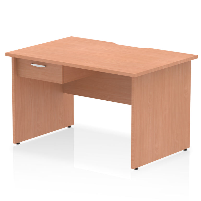 Impulse Scalloped Edge Panel End Straight Office Desk with Single Fixed Drawer Pedestal, 1200–1600mm Width, Choice of Finishes, MFC, Self-Assembly, 10 Year Warranty