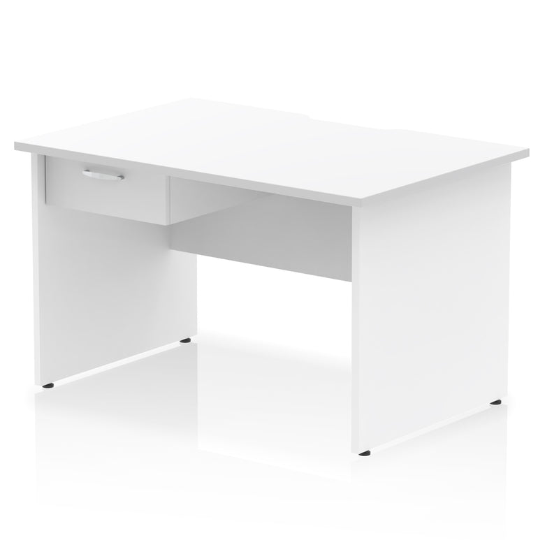 Impulse Scalloped Edge Panel End Straight Office Desk with Single Fixed Drawer Pedestal, 1200–1600mm Width, Choice of Finishes, MFC, Self-Assembly, 10 Year Warranty
