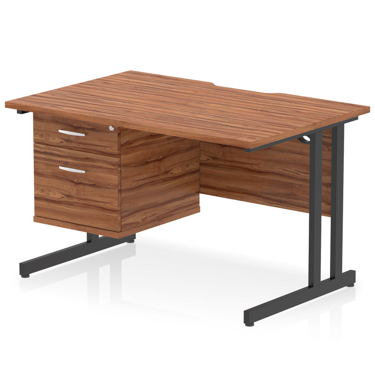 Impulse Scalloped Edge 1200mm Cantilever Desk with 2/3 Drawer Pedestal, Wood & White Finishes, Black/Silver/White Legs, MFC, 10yr Warranty, Self-Assembly