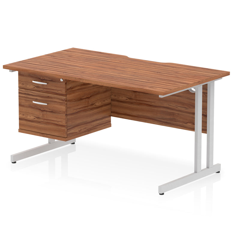 Impulse Scalloped Edge 1400mm Cantilever Desk with Single Fixed Pedestal – Multiple Colours & Leg Finishes, 2/3 Drawers, MFC, Self-Assembly, 10 Year Warranty